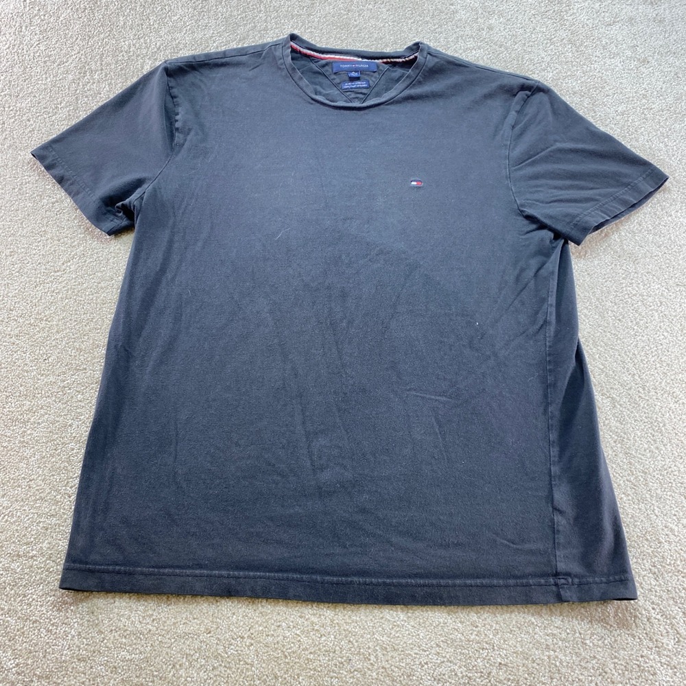 Tommy Hilfiger Shirt Mens XL Black Slim Fit Stretch Cotton Crew Neck Logo